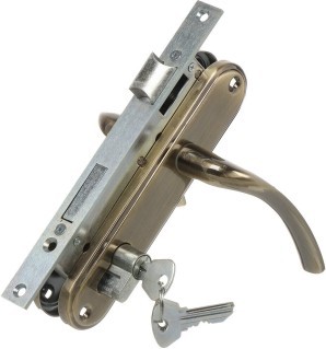 Замок Omega (Омега) врезной цилиндровый с защёлкой в комплекте с ручкой ЗВ4-70.27 (ант.бронза), 4 кл.